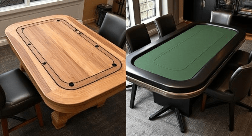 Comparison of a basic card table and a modern luxury poker table