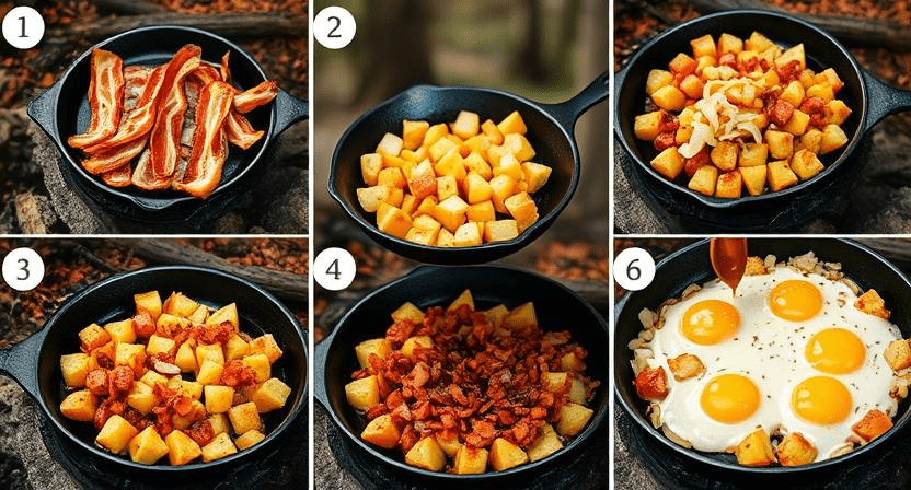 Step-by-step cooking process of a hearty camp breakfast.